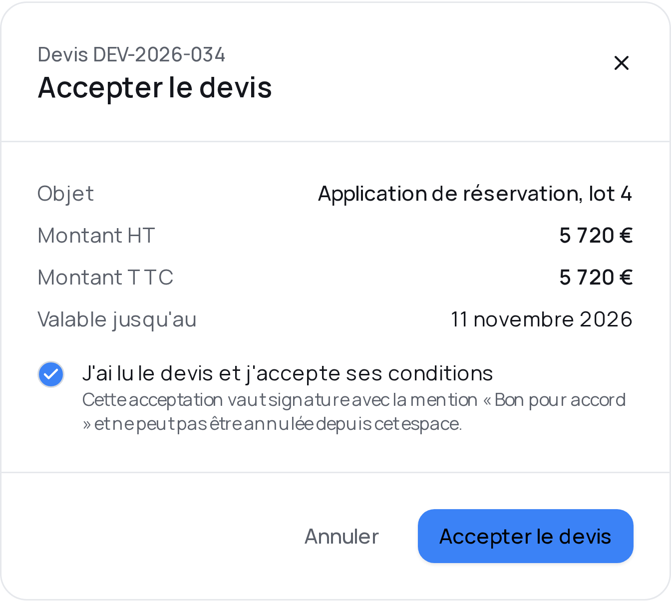 Fenêtre d’acceptation du devis avec la case de consentement