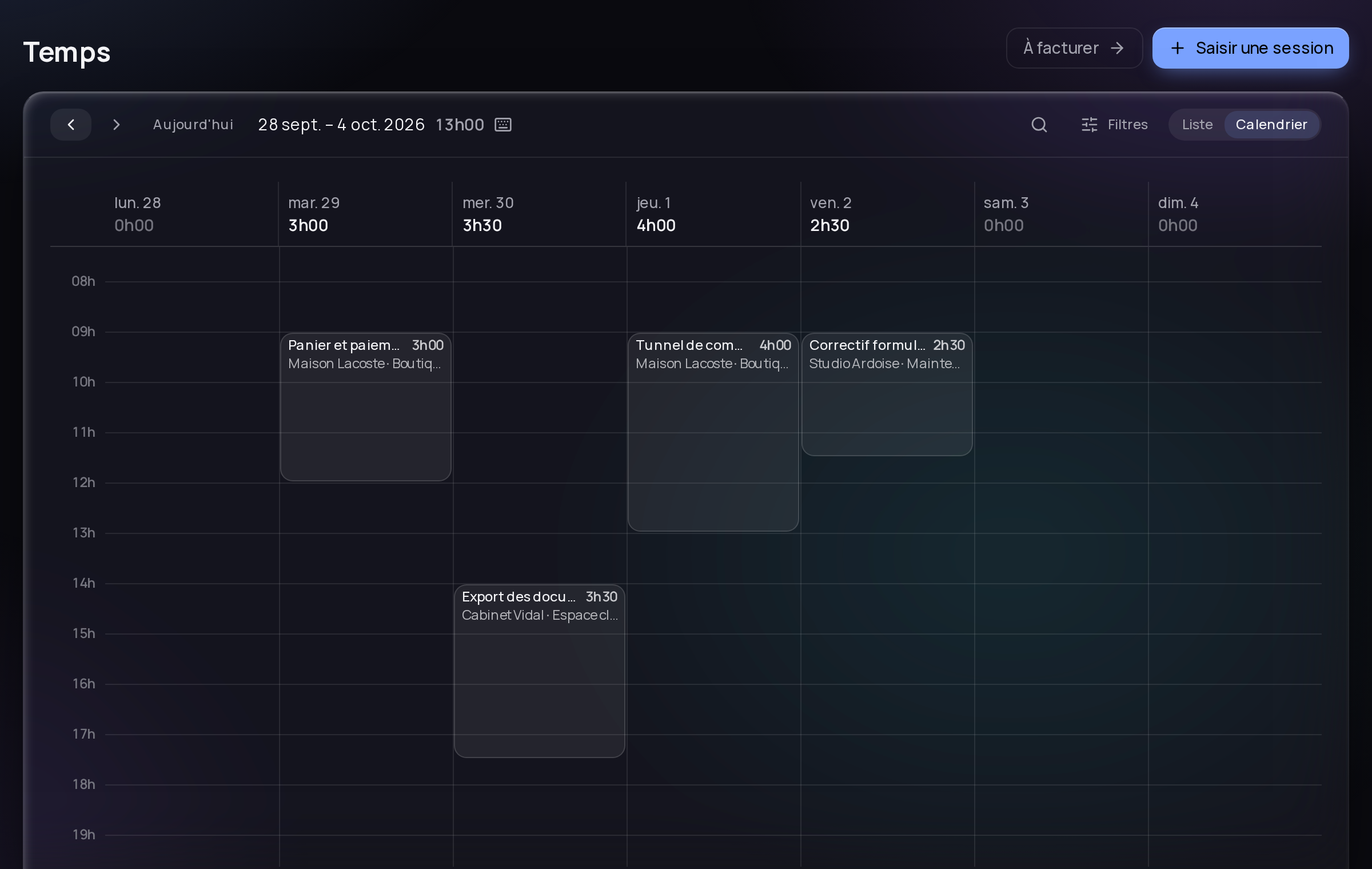 Calendrier de la semaine avec les sessions de temps